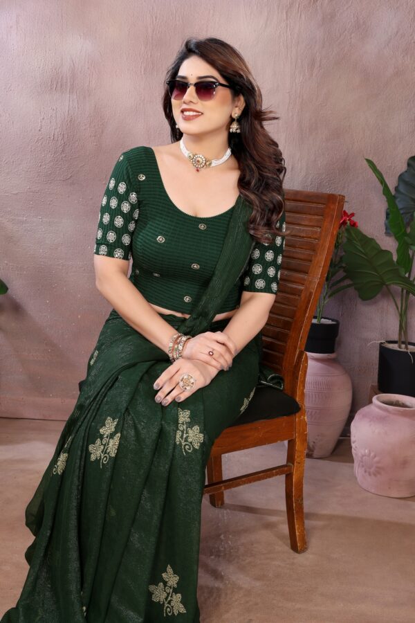 Elegant Green Blouse with Gold Foil Circular Embroidery