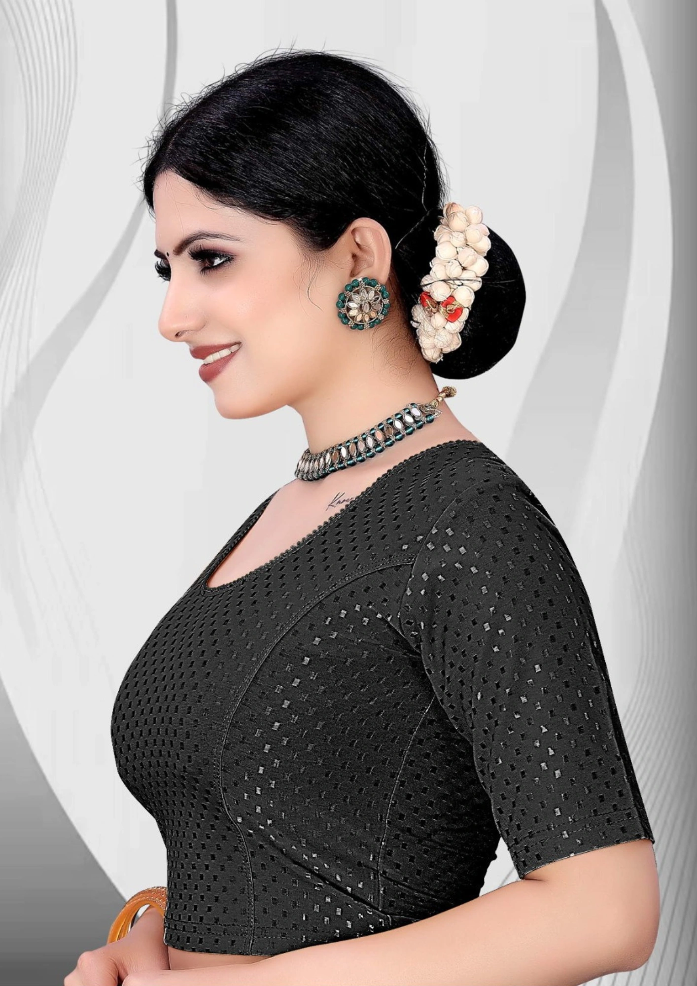 Black Fancy Dobby Fabric Lycra Stretchable Blouse