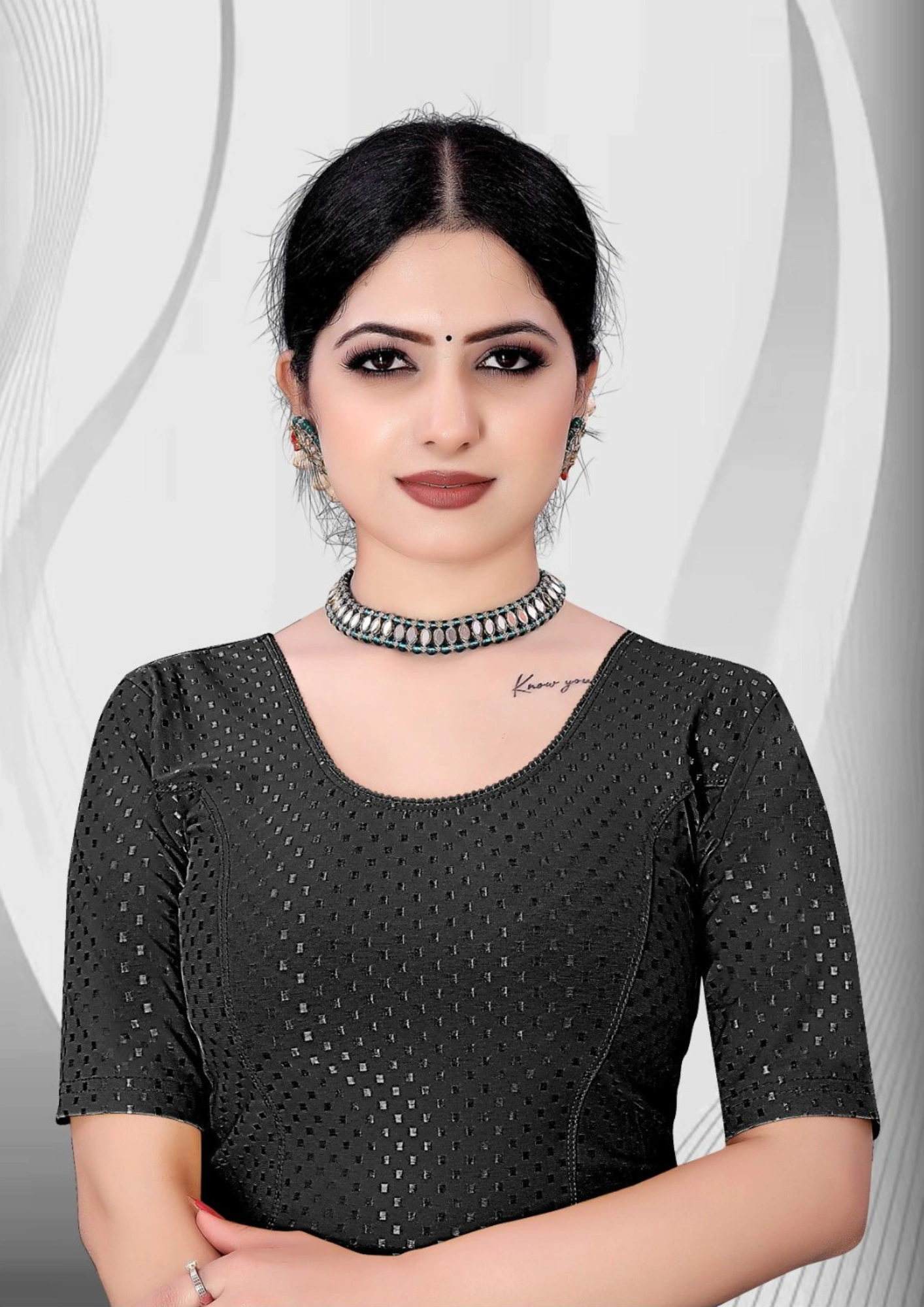 Black Fancy Dobby Fabric Lycra Stretchable Blouse (2)