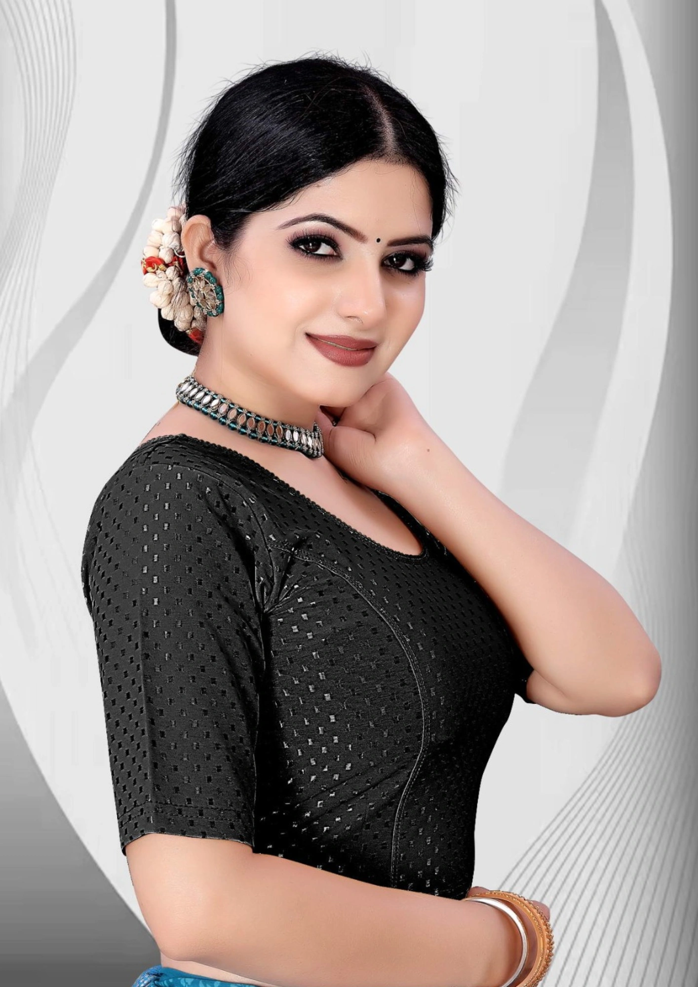 Black Fancy Dobby Fabric Lycra Stretchable Blouse