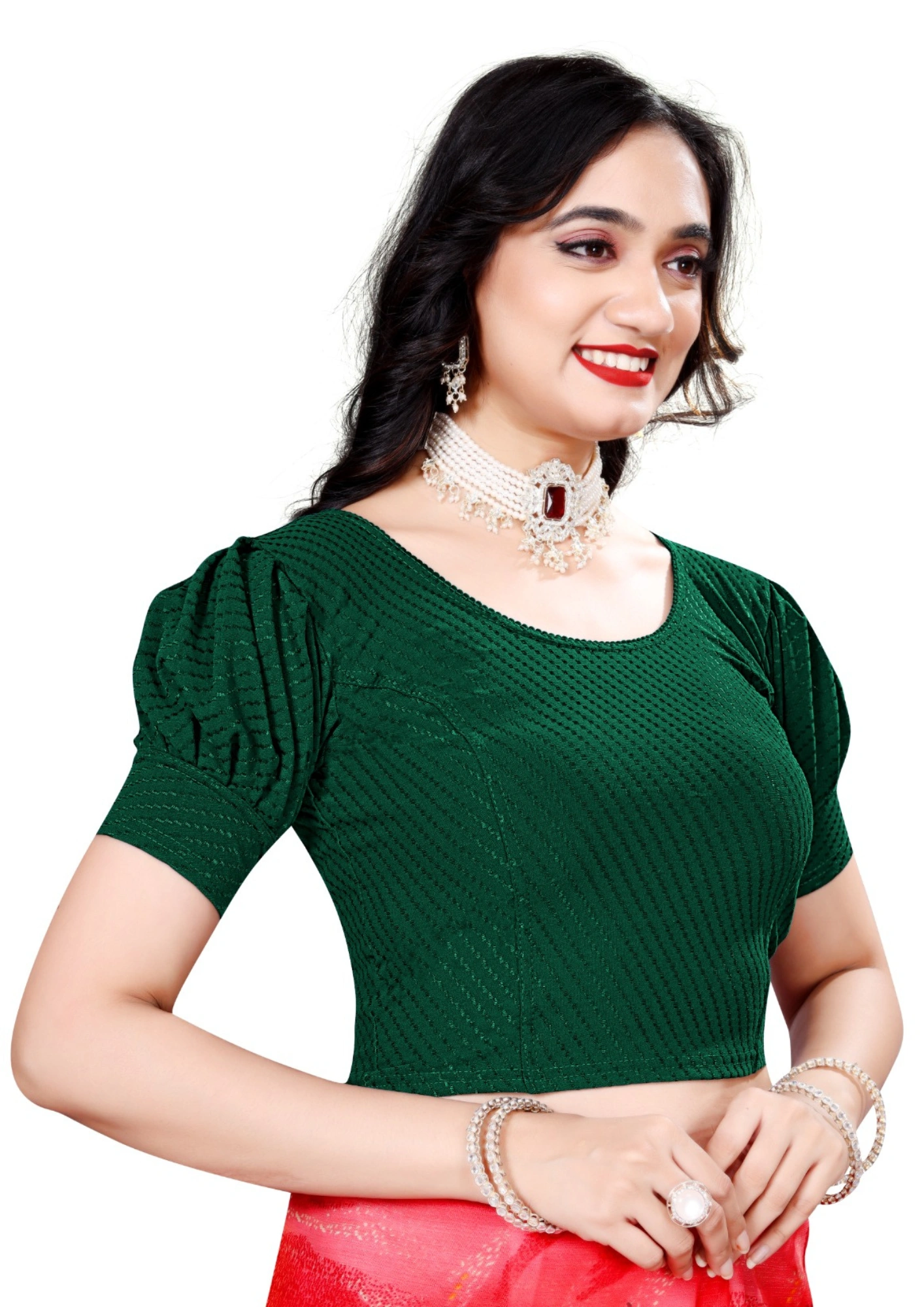 Green Designer Stretchble Baloon Sleeves Blouse (2)