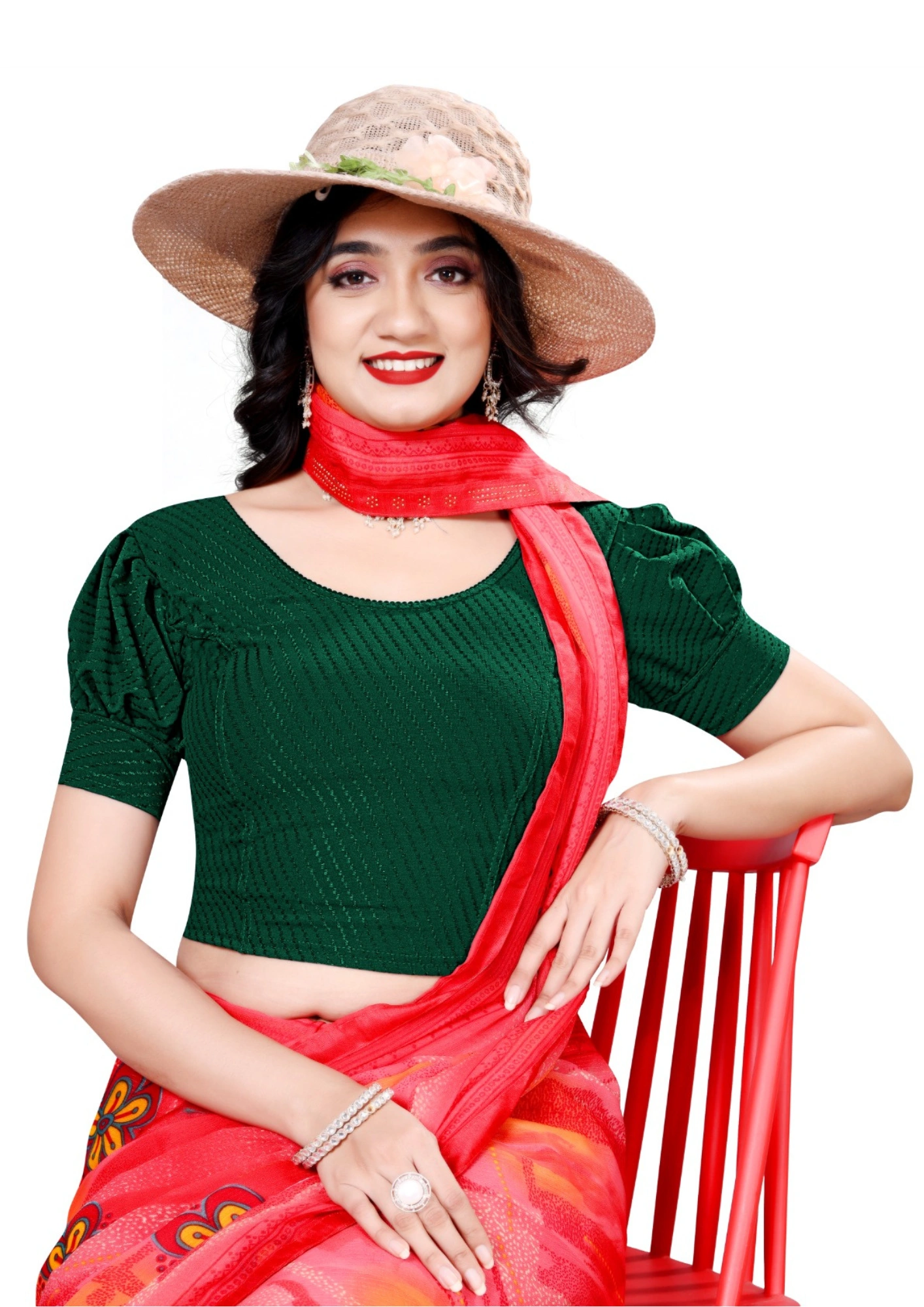 Green Designer Stretchble Baloon Sleeves Blouse