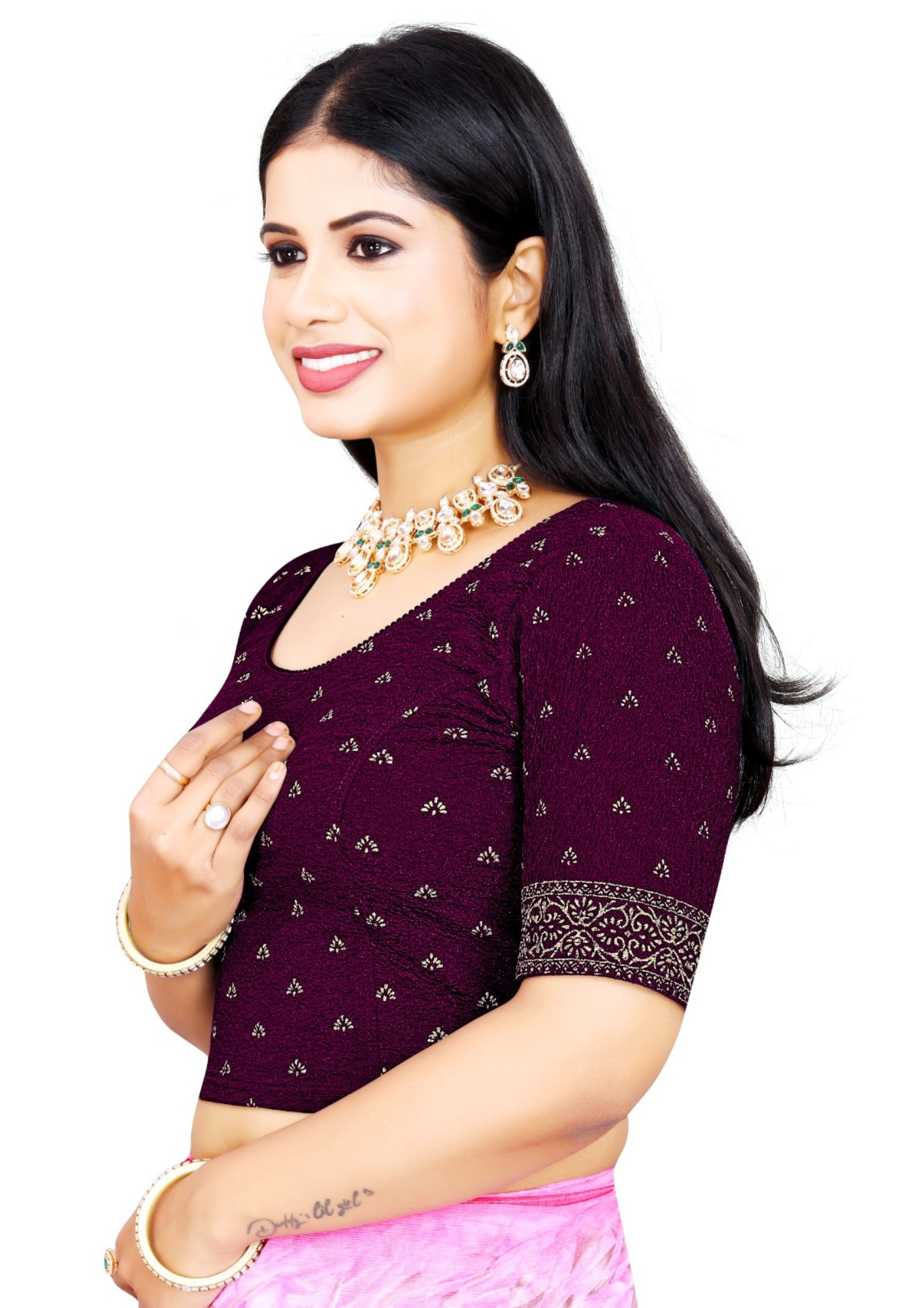 Purple Round Neck Printed Cotton Stretchble Blouse (2)