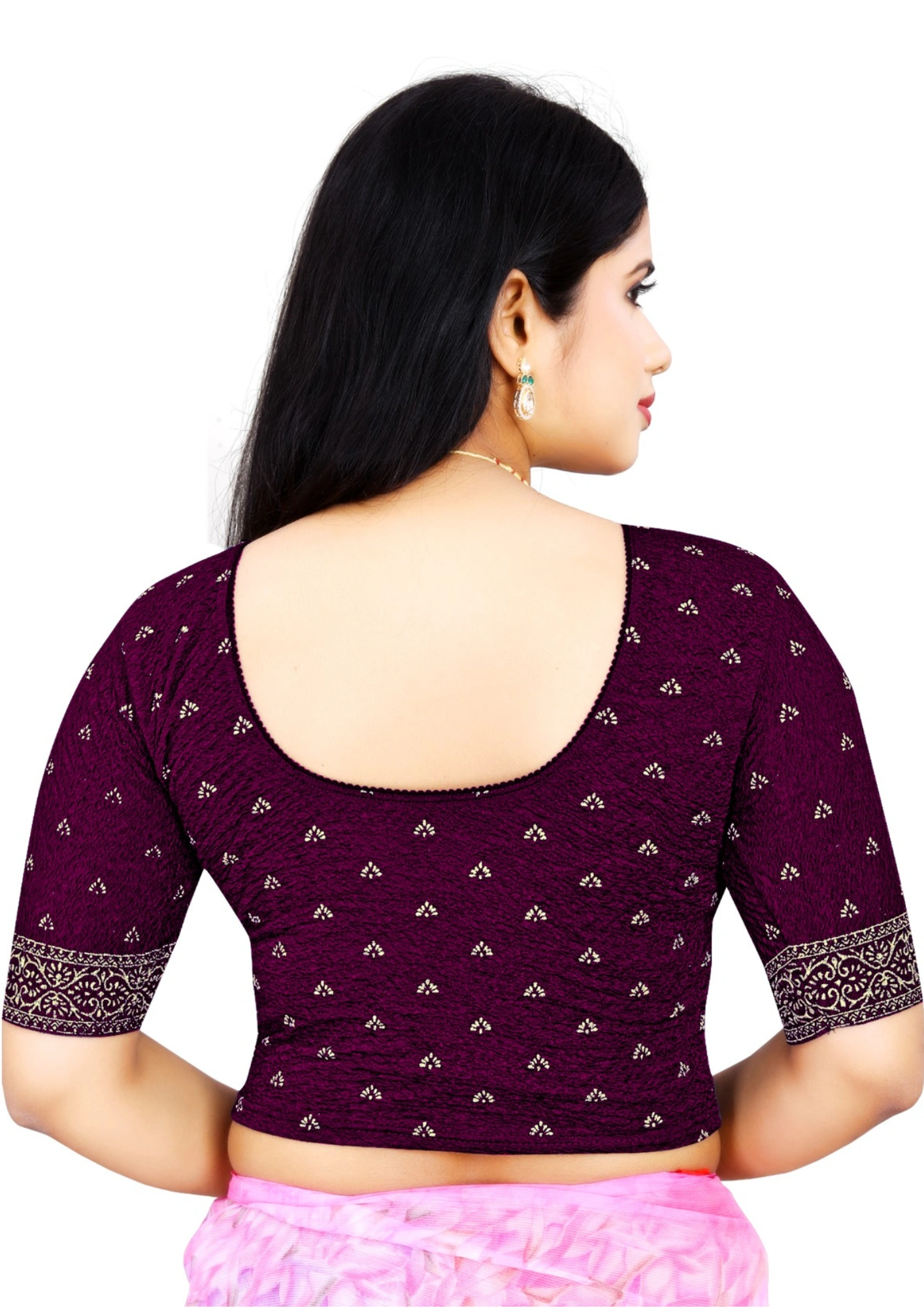 Purple Round Neck Printed Cotton Stretchble Blouse (3)