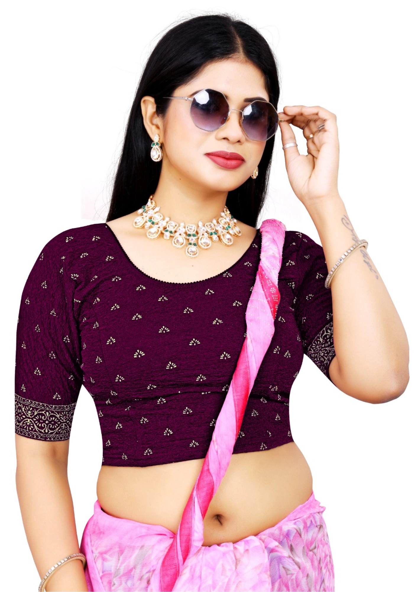 Purple Round Neck Printed Cotton Stretchble Blouse