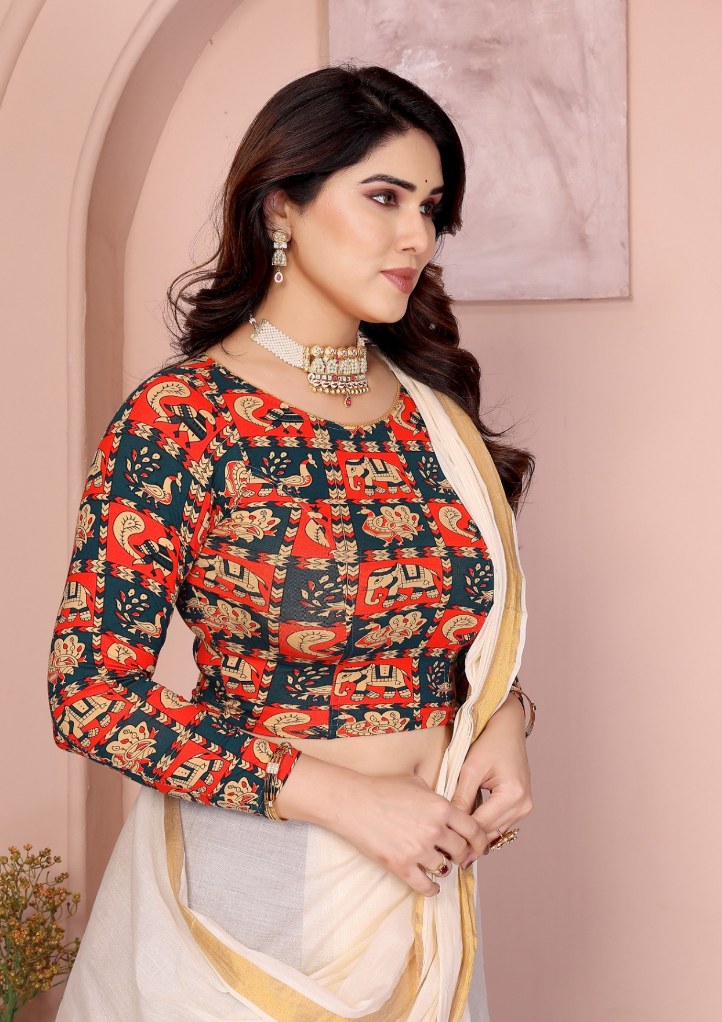 Pure Cotton Kalamkari Hand Block Stretchable Blouse (13)