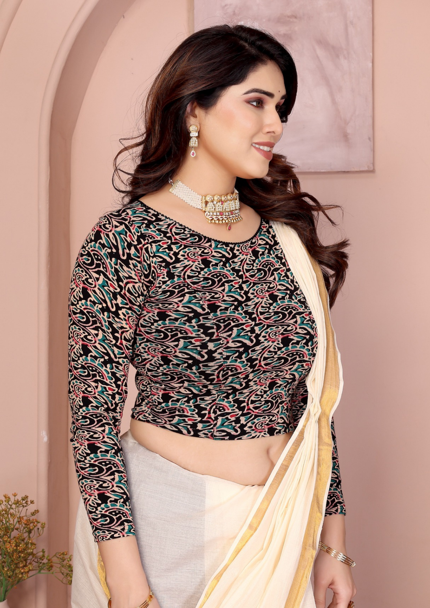 Pure Cotton Kalamkari Hand Block Stretchable Blouse (3)